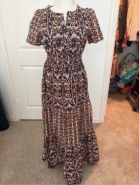 Anthropologie Navy and gold sumerset Patterned Maxi Dress